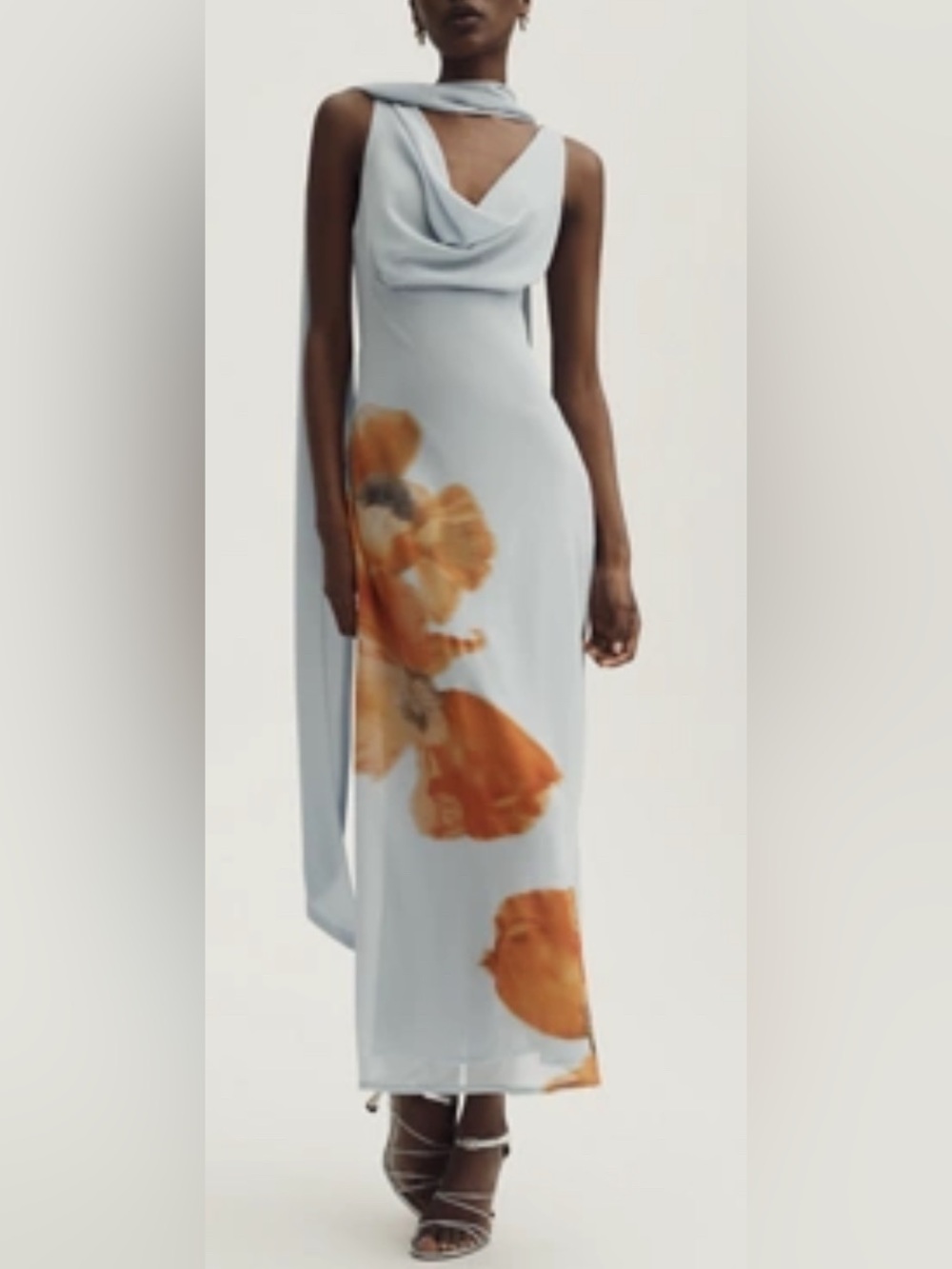 Never Fully Dressed Pale Blue Maxi Dress with Orange Floral Detail